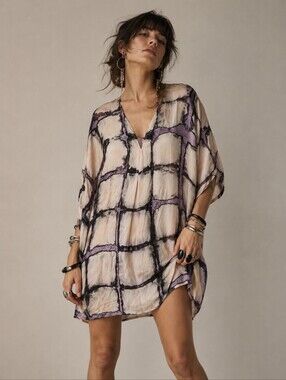 Maggie Walt 100% Silk Tunic Dress One Size Flowy Abstract Short Caftan